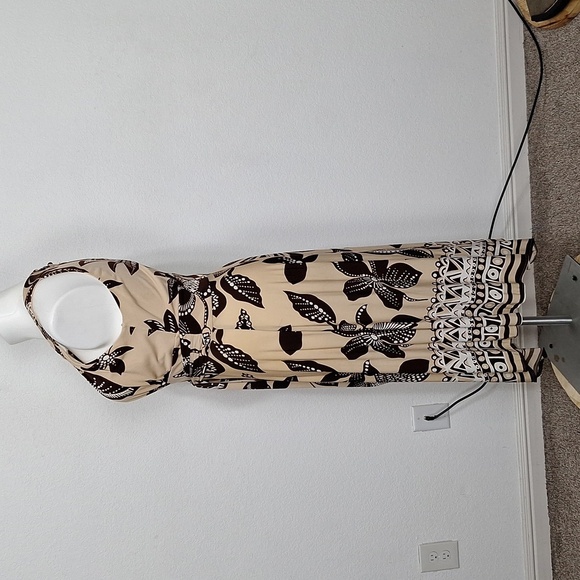 Taylor Asymmetrical Black & Tan Abstract Floral Halter Sundress Size 16 - Picture 8 of 14